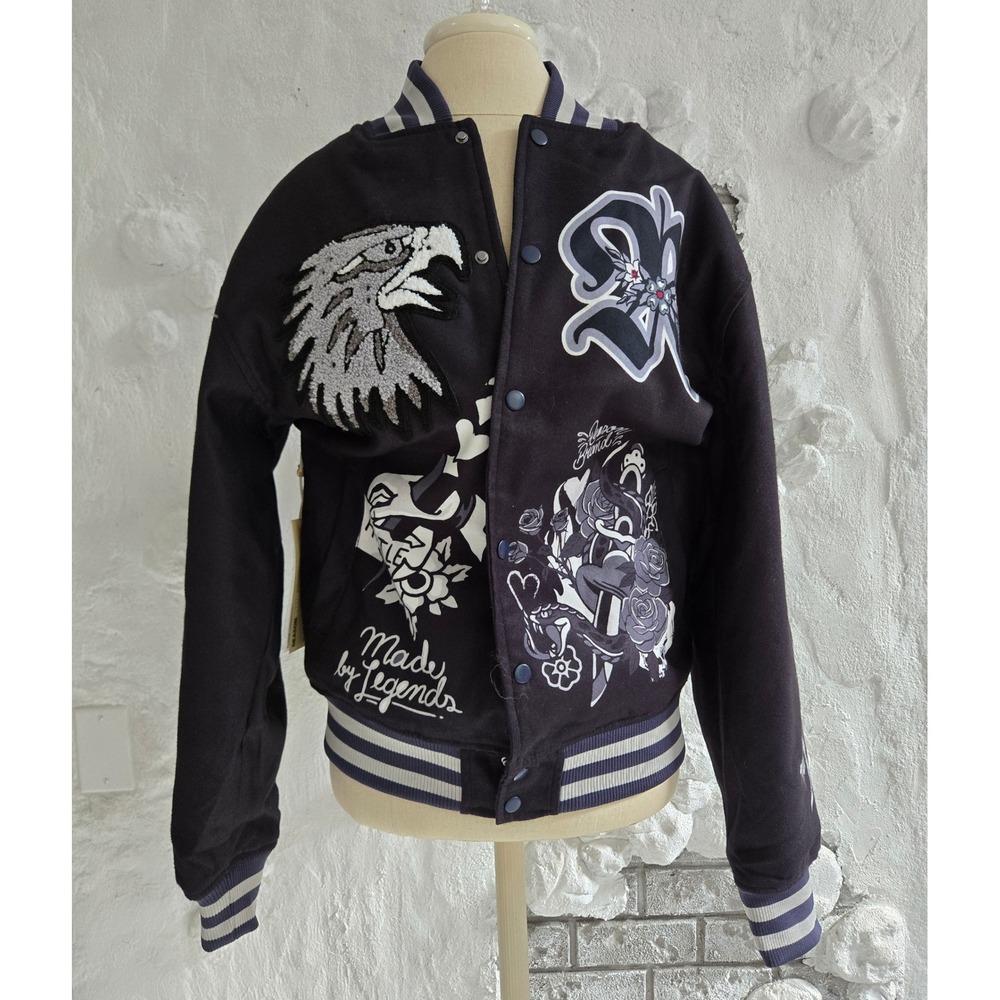 NWT Reason Brand Men Black Varsity Bomber Jacket Tattoo Graphic Eagle Skull Sz M
